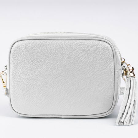Geanta crossbody alba din piele naturala, cu ciucure din piele [1]