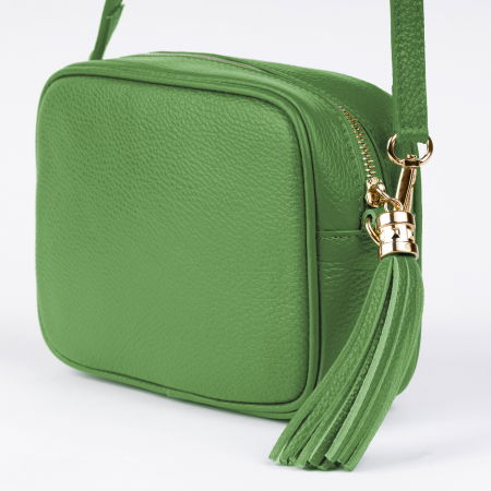 Genți din Piele Naturală - Geanta crossbody verde oliv din piele naturala, cu ciucure din piele
