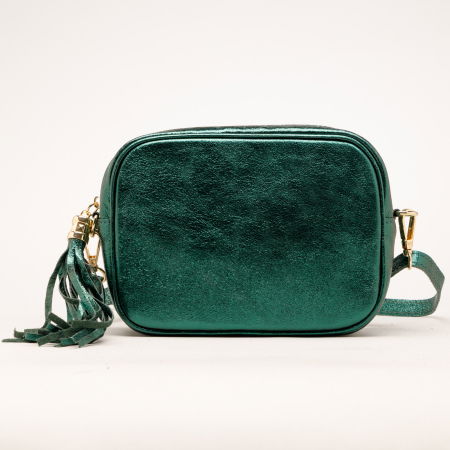 Geanta crossbody  verde inchis metalizat din piele naturala, cu ciucure din piele [1]