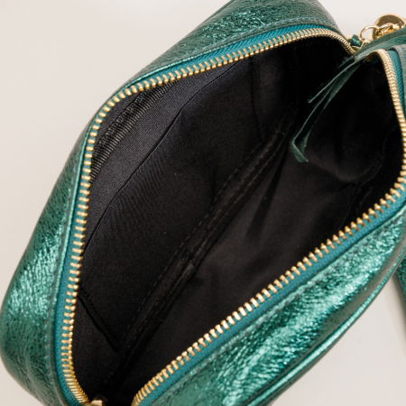 Geanta crossbody  verde inchis metalizat din piele naturala, cu ciucure din piele [3]