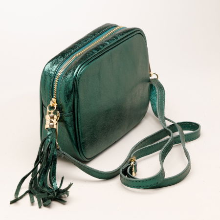 Geanta crossbody  verde inchis metalizat din piele naturala, cu ciucure din piele [2]