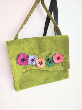 Genți - Geanta cu maci, unicat ,din piele naturala olive