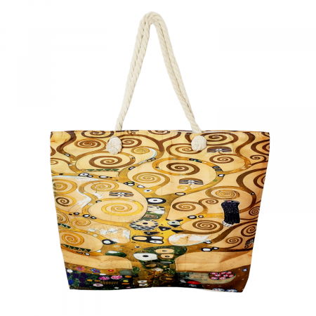 Cumpara impreuna cu discount - Geanta de plaja din material textil, cu reproducere dupa " Pomul Vietii '' - Gustav Klimt