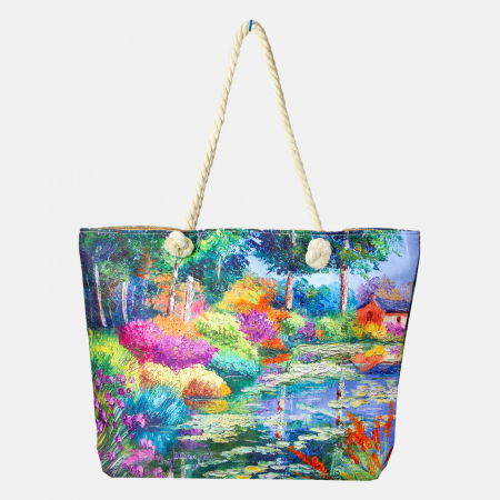 Genți - Geanta de plaja din material textil, cu imprimeu dupa o pictura cu lac si gradina