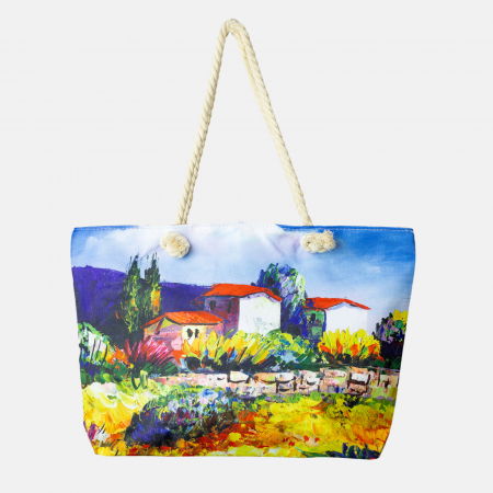 Genți - Geanta de plaja din material textil, cu imprimeu dupa o pictura cu casute si gradini