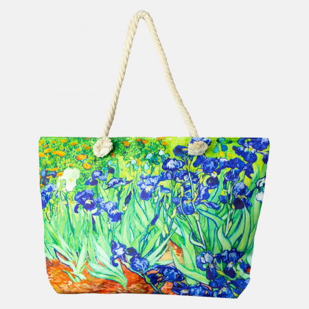 Genți din Material Textil - Geanta de plaja din material textil, cu imprimeu o fata dupa tabloul "Irisi" de Van Gogh
