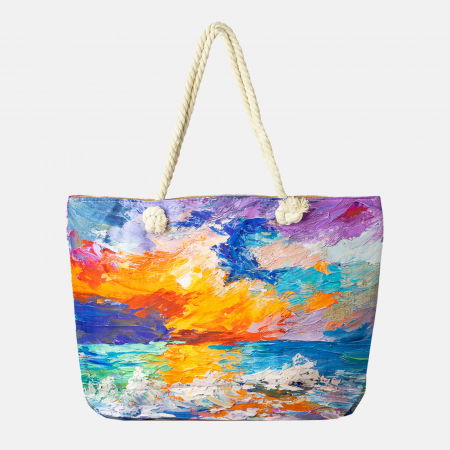Genți - Geanta de plaja din material textil, cu imprimeu dupa o pictura pastel cu tuse de culoare