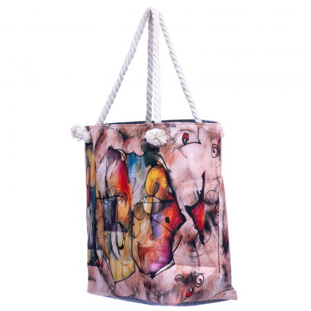 Geanta de plaja din material textil, cu imprimeu imprimeu grafic abstract pe fond roz inchis [1]