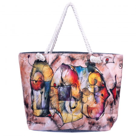 Genți - Geanta de plaja din material textil, cu imprimeu imprimeu grafic abstract pe fond roz inchis