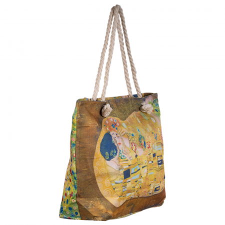 Geanta de plaja din material textil, cu imprimeu inspirat din pictura "Sarutul " a lui Gustav Klimt [1]