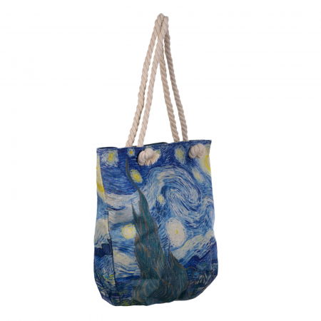 Geanta de plaja din material textil, cu imprimeu inspirat din pictura "Noapte Instelată" a lui Vincent Van Gogh [1]