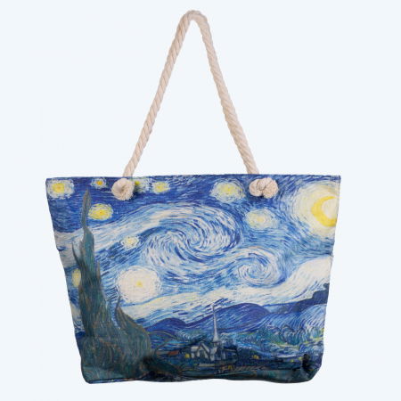Genți din Material Textil - Geanta de plaja din material textil, cu imprimeu inspirat din pictura "Noapte Instelată" a lui Vincent Van Gogh