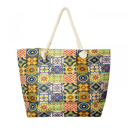 Genți - Geanta de plaja din material textil, cu imprimeu model marocan in culori vibrante