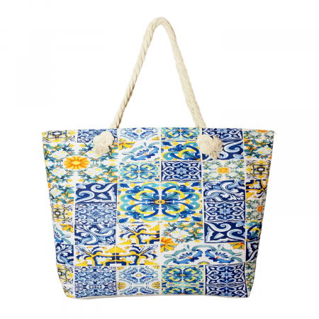 Genți din Material Textil - Geanta de plaja din material textil, cu imprimeu model marocan in culori vibrante predominant albastru