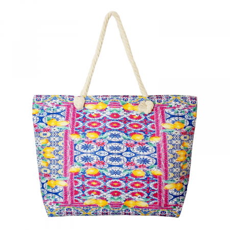 Genți - Geanta de plaja din material textil, cu model mediteranean cu lamai pe alb si fucsia