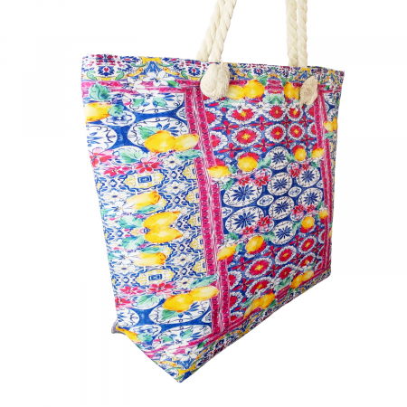 Geanta de plaja din material textil, cu model mediteranean cu lamai pe alb si fucsia [1]