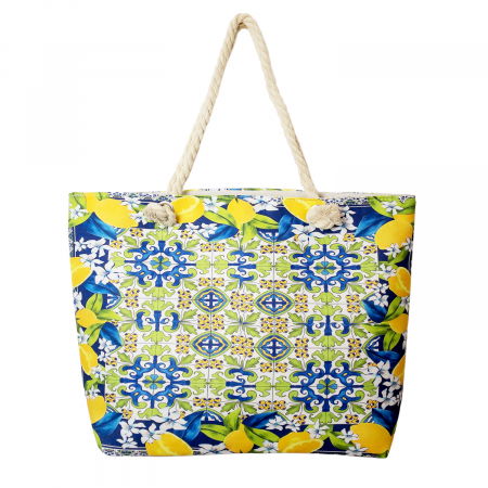 Cumpara impreuna cu discount - Geanta de plaja din material textil, cu model mediteranean cu lamai pe alb, verde si albastru