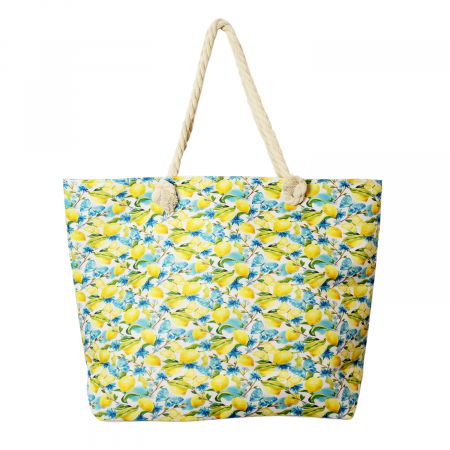 Cumpara impreuna cu discount - Geanta de plaja din material textil, cu model mediteranean cu lamai si fluturi