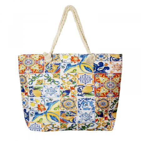 Cumpara impreuna cu discount - Geanta de plaja din material textil, cu imprimeu model marocan cu lamai in culori vibrante