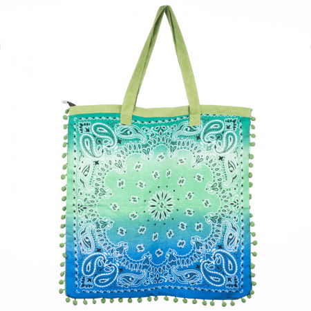 Genți din Material Textil - Geanta patrata de plaja din material textil, cu ciucuri pe trei laturi si degrade verde cu albastru