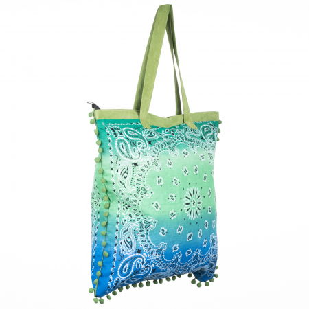 Geanta patrata de plaja din material textil, cu ciucuri pe trei laturi si degrade verde cu albastru [2]