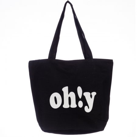Genți - Geanta de umar din bumbac cu fermoar si imprimeu Oh!Y, neagra