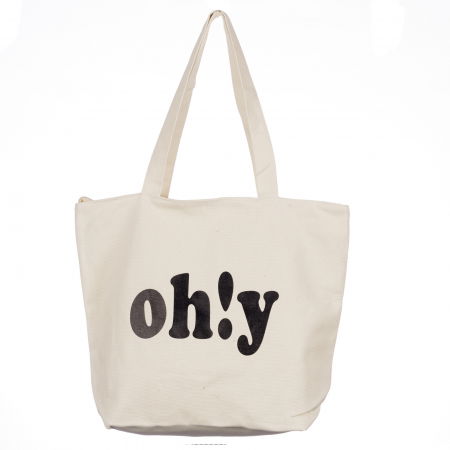 Genți - Geanta de umar din bumbac cu fermoar si imprimeu Oh!Y, alba