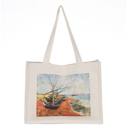 Genți - Geanta de umar din material textil cu imprimeu inspirat dintr-o pictura cu barci pe mal a lu Van Gogh