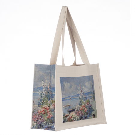 Genți din Material Textil - Geanta de umar din material textil cu imprimeu inspirat din o pictura cu primavara pe malul lacului