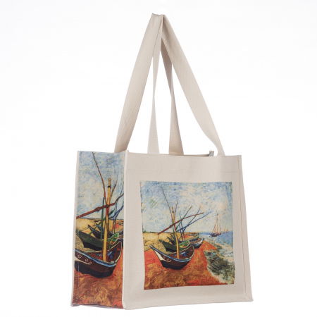 Geanta de umar din material textil cu imprimeu inspirat dintr-o pictura cu barci pe mal a lu Van Gogh [1]