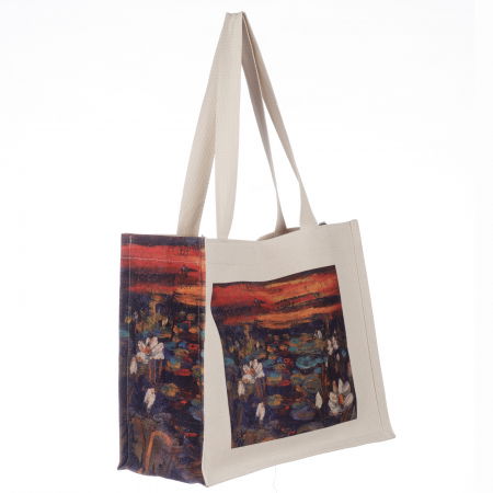 Geanta de umar din material textil cu imprimeu inspirat din o pictura cu nuferi in asfintit [1]