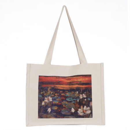 Genți din Material Textil - Geanta de umar din material textil cu imprimeu inspirat din o pictura cu nuferi in asfintit