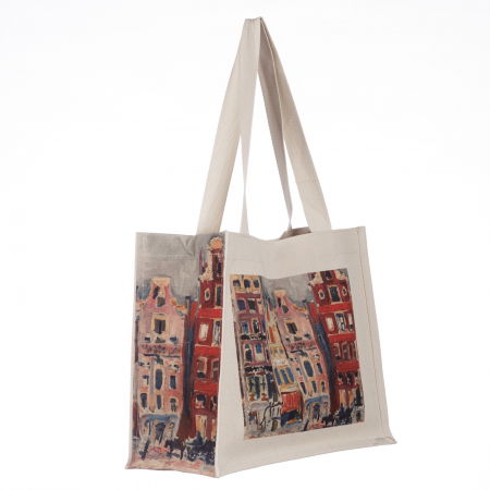 Genți din Material Textil - Geanta de umar din material textil cu imprimeu inspirat dintr-o pictura impresionista cu peisaj cu case