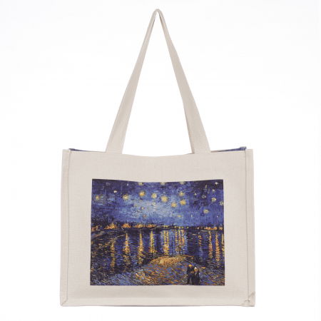 Genți - Geanta de umar din material textil cu imprimeu inspirat din pictura Noapte Instelata deasupra Rhonului a lui Van Gogh