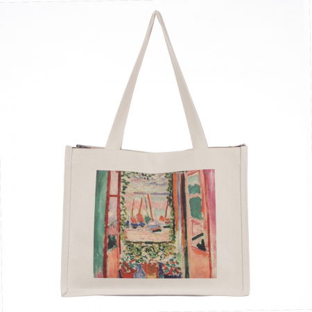 Geanta de umar din material textil cu imprimeu inspirat dintr-o pictura cu o privire prin fereastra catre barci [1]