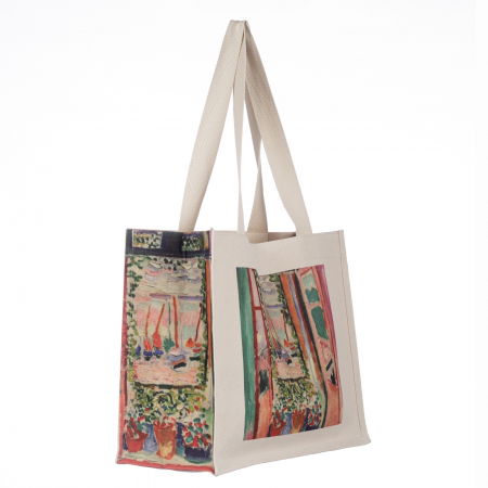 Genți din Material Textil - Geanta de umar din material textil cu imprimeu inspirat dintr-o pictura cu o privire prin fereastra catre barci