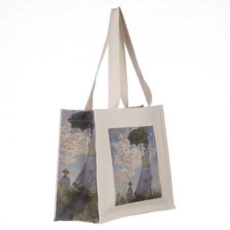 Genți - Geanta de umar din material textil cu imprimeu inspirat din pictura Femeie cu Umbrela a lui Monet