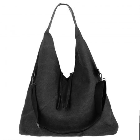 Genți din Material Textil - Geanta de umar din material textil si cu bareta crossbody, neagra