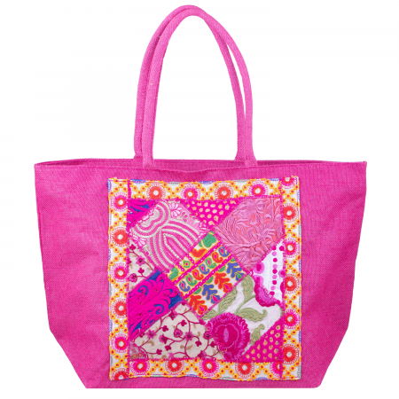 Genți din Material Textil - Geanta fucsia din material textil natural tip sac, cu aplicatie unicat, brodata manual