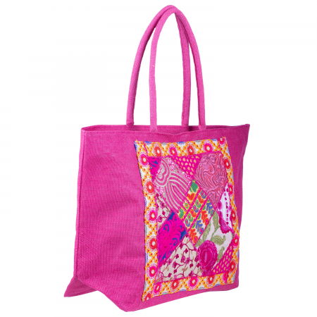 Geanta fucsia din material textil natural tip sac, cu aplicatie unicat, brodata manual [1]