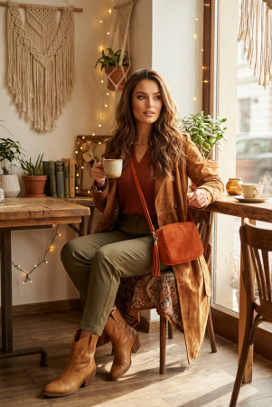 Genți - Geanta din piele intoarsa cu franjuri, model crossbody, caramizie