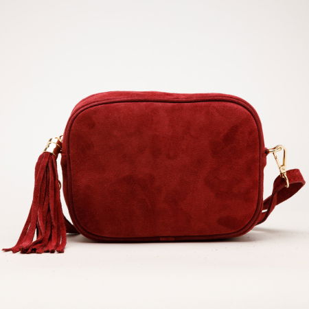Genți - Geanta din piele intoarsa cu franjuri, model crossbody, bordo