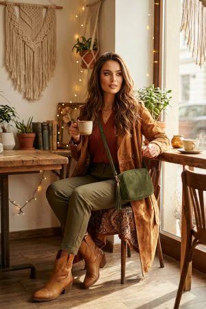 Geanta din piele intoarsa cu franjuri, model crossbody, kaki [2]