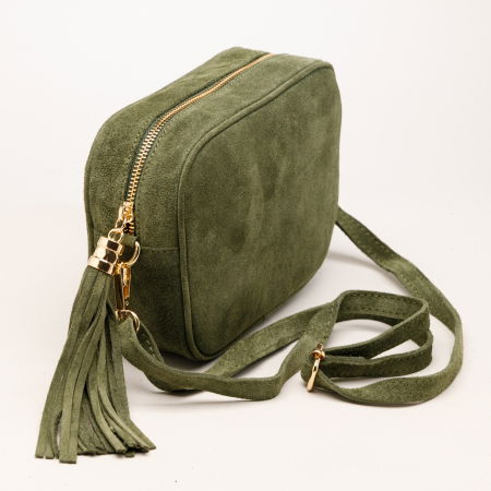 Geanta din piele intoarsa cu franjuri, model crossbody, kaki [1]