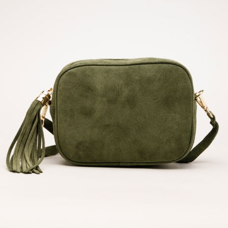 Genți - Geanta din piele intoarsa cu franjuri, model crossbody, kaki