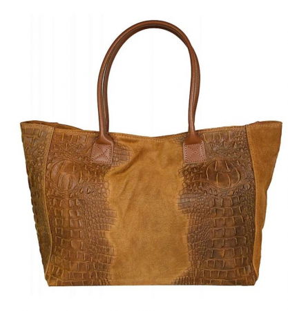 Genți - Geanta din piele naturala cu aspect de piele de crocodil, camel