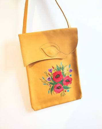 Genți si Plicuri Handmade - Geanta galbena din piele naturala ,pictata manual ,unicat