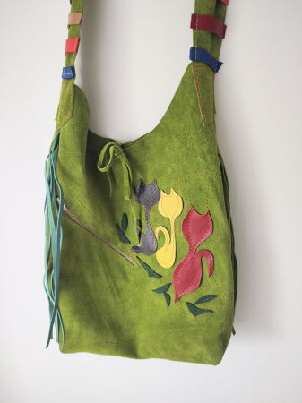 Genți si Plicuri Handmade din Piele - Geantă  hobo din piele naturala olive ,cu pisicuțe