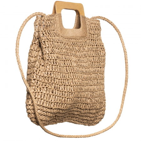 Geanta impletita crossbody, cu manere late din lemn, bej inchis [1]