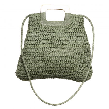 Genti Impletite - Geanta impletita crossbody, cu manere late din lemn, verde prafuit